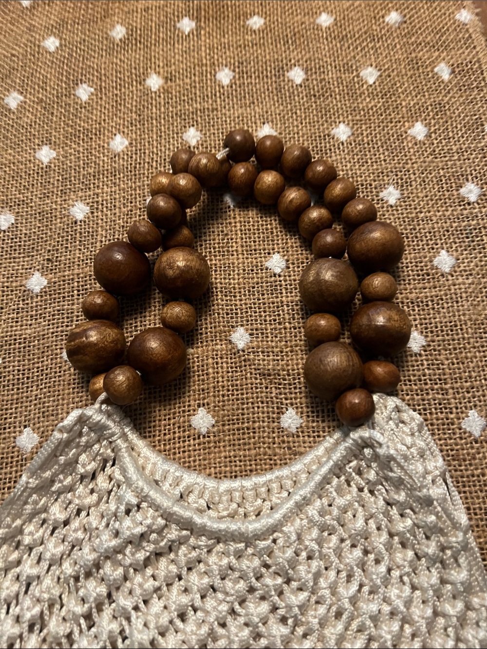 Boho Macramé handbag with Wooden Bead handles - Cream - Picture 2 of 3